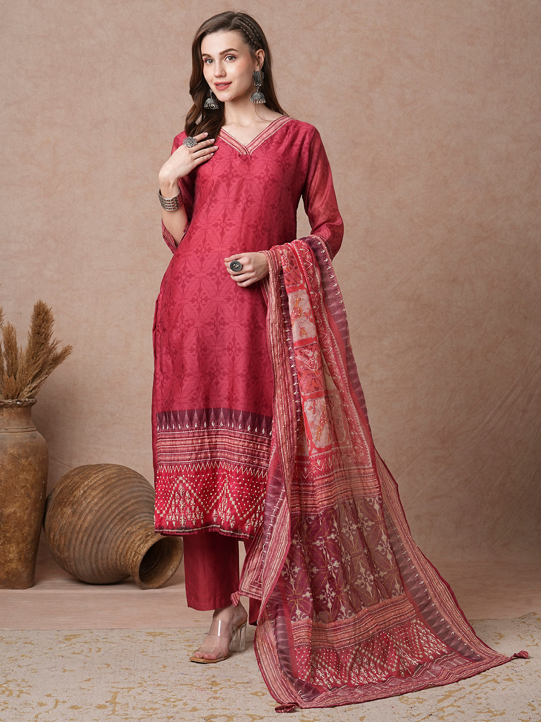 Floral Printed & Embroidered Straight Fit Kurta with Pant and Dupatta - Red