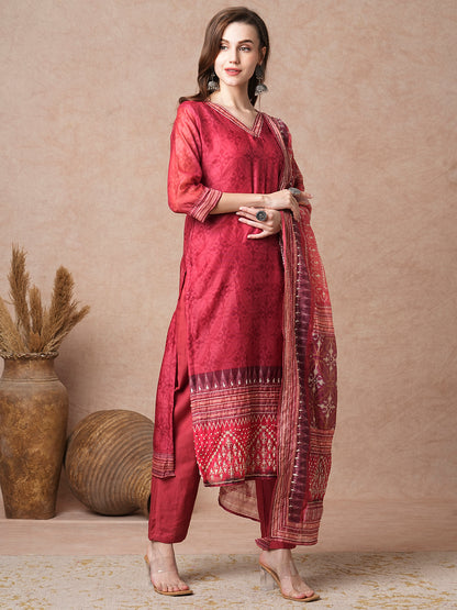 Floral Printed & Embroidered Straight Fit Kurta with Pant and Dupatta - Red