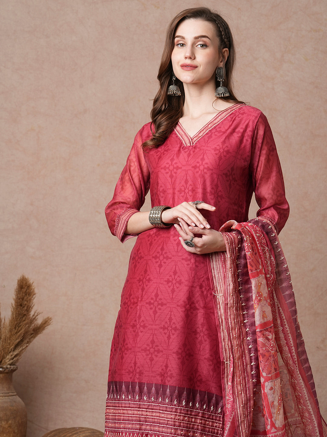 Floral Printed & Embroidered Straight Fit Kurta with Pant and Dupatta - Red