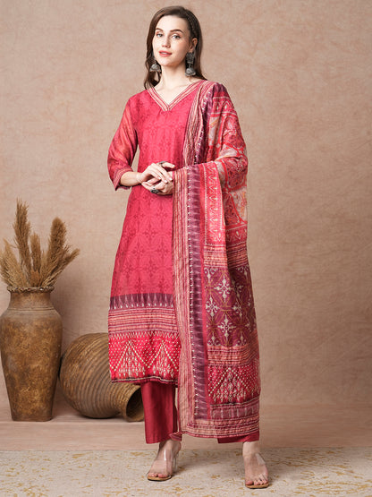 Floral Printed & Embroidered Straight Fit Kurta with Pant and Dupatta - Red