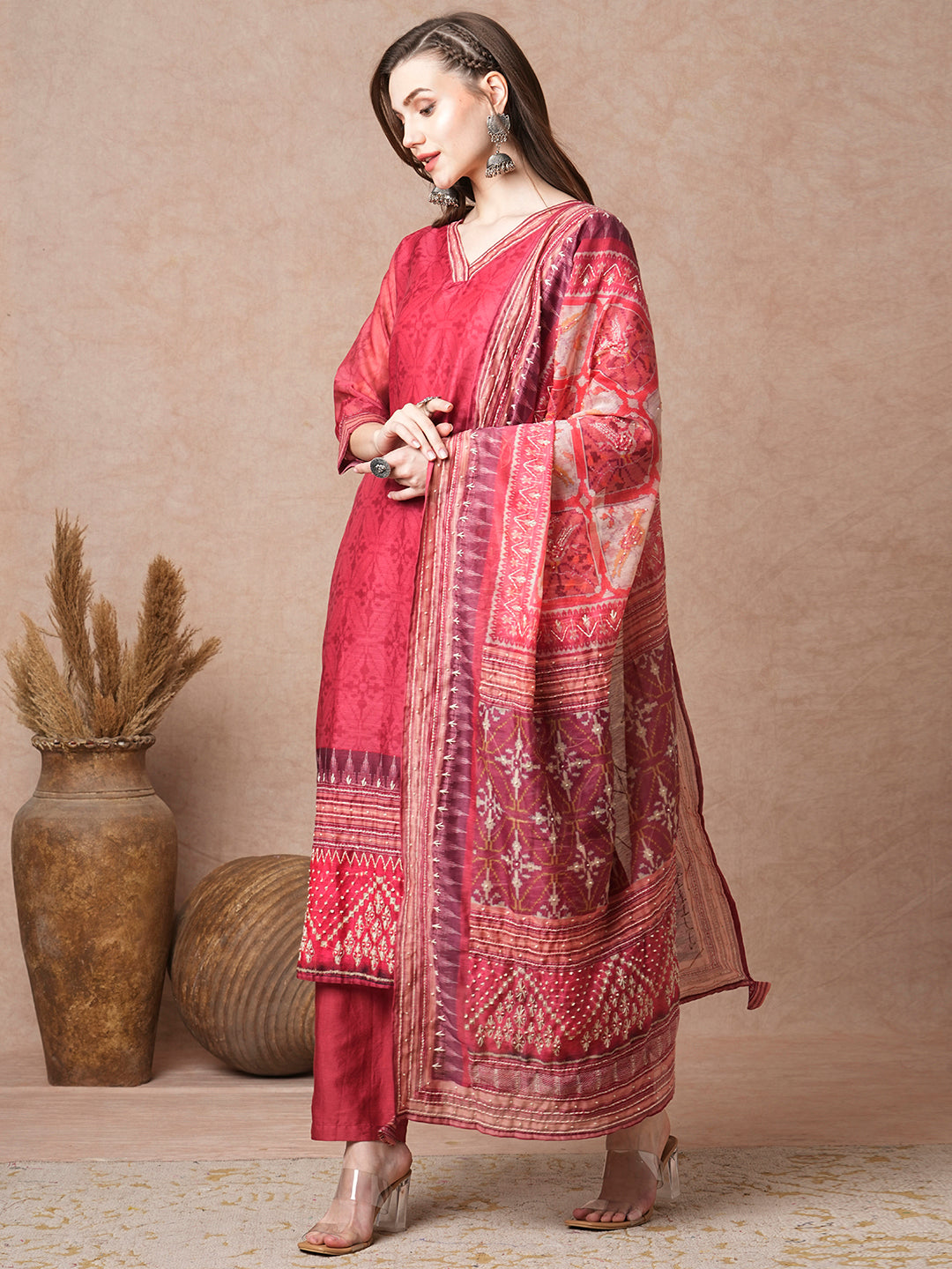 Floral Printed & Embroidered Straight Fit Kurta with Pant and Dupatta - Red