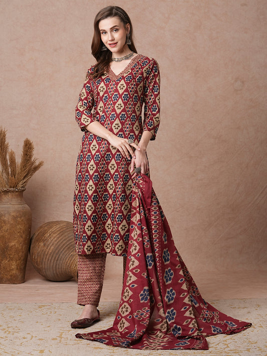 Ethnic Printed & Embroidered Straight Fit Kurta with Pant and Dupatta - Maroon