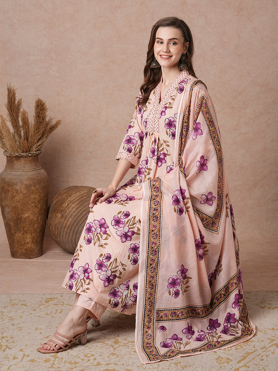 Floral Printed & Embroidered A-Line Paneled Kurta with Pant & Dupatta - Peach