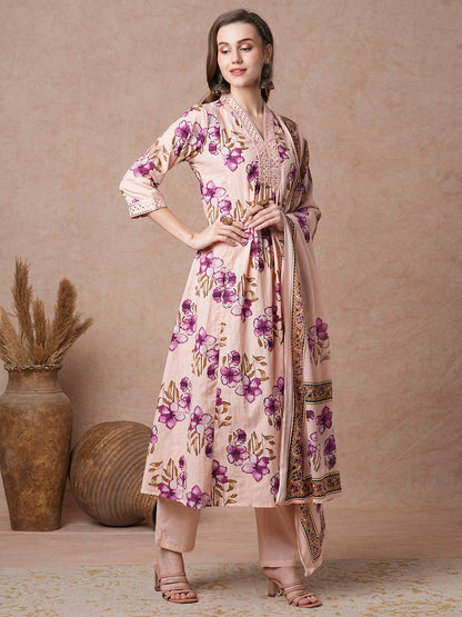 Floral Printed & Embroidered A-Line Paneled Kurta with Pant & Dupatta - Peach