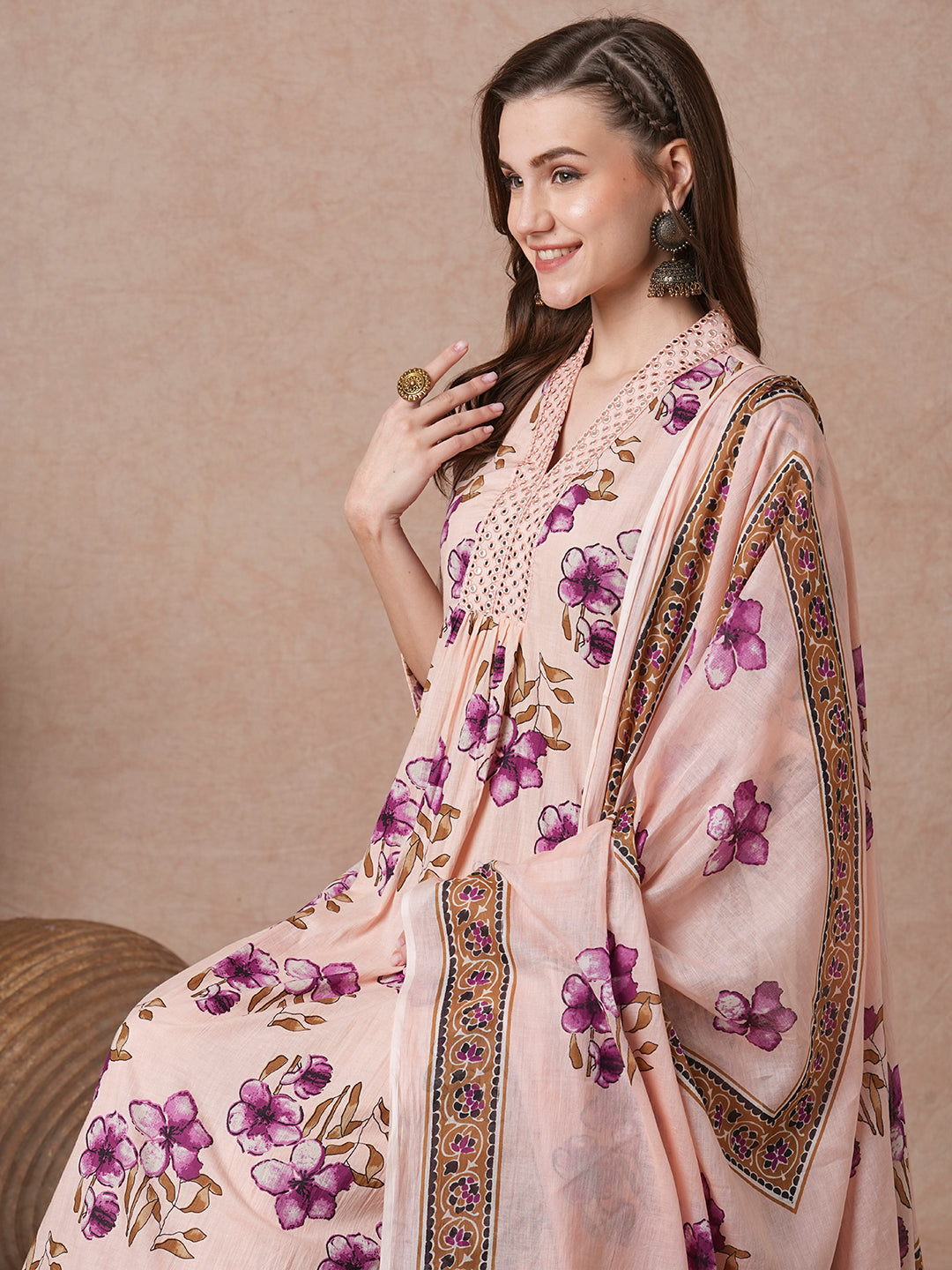 Floral Printed & Embroidered A-Line Paneled Kurta with Pant & Dupatta - Peach