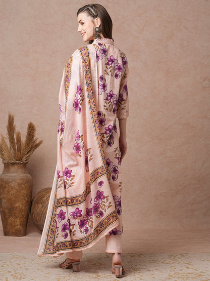 Floral Printed & Embroidered A-Line Paneled Kurta with Pant & Dupatta - Peach