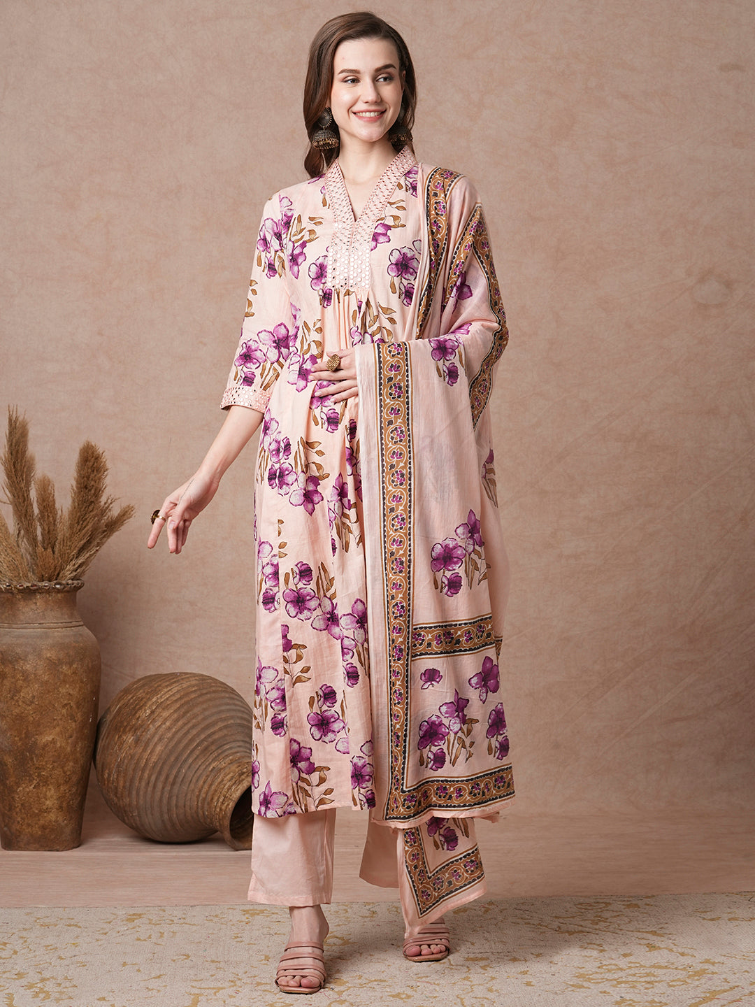 Floral Printed & Embroidered A-Line Paneled Kurta with Pant & Dupatta - Peach