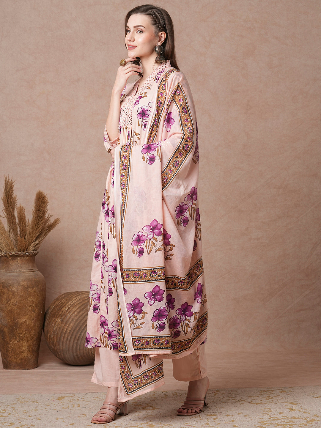 Floral Printed & Embroidered A-Line Paneled Kurta with Pant & Dupatta - Peach