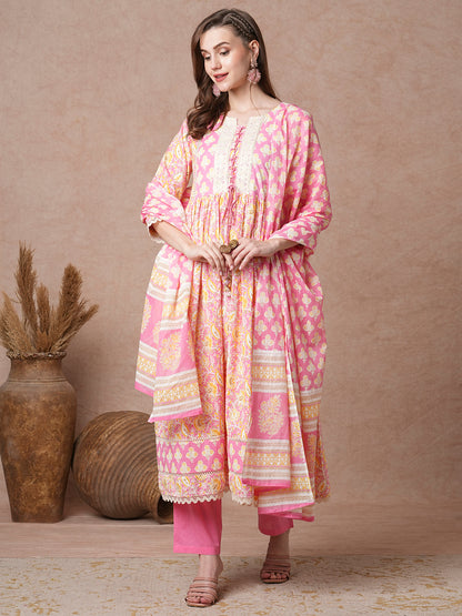 Ethnic Floral Printed A-Line Pleated Kurta with Pant and & Printed Dupatta - Pink