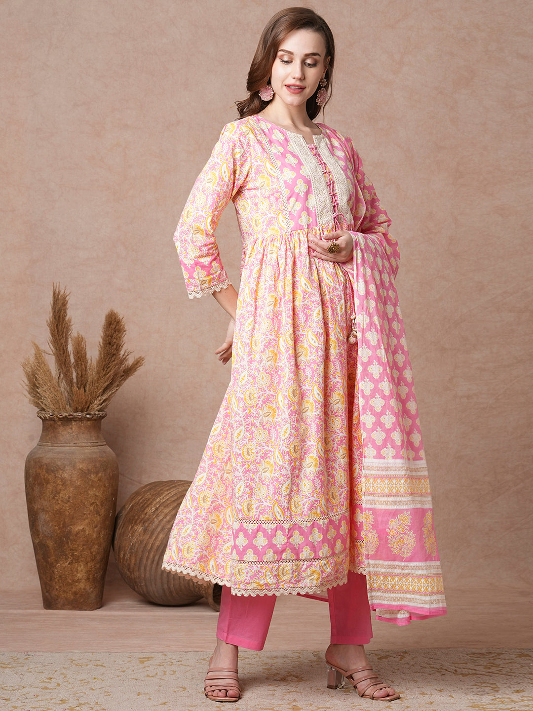 Ethnic Floral Printed A-Line Pleated Kurta with Pant and & Printed Dupatta - Pink