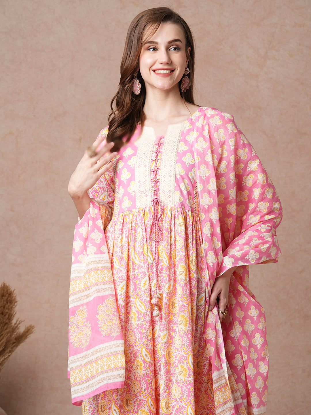 Ethnic Floral Printed A-Line Pleated Kurta with Pant and & Printed Dupatta - Pink