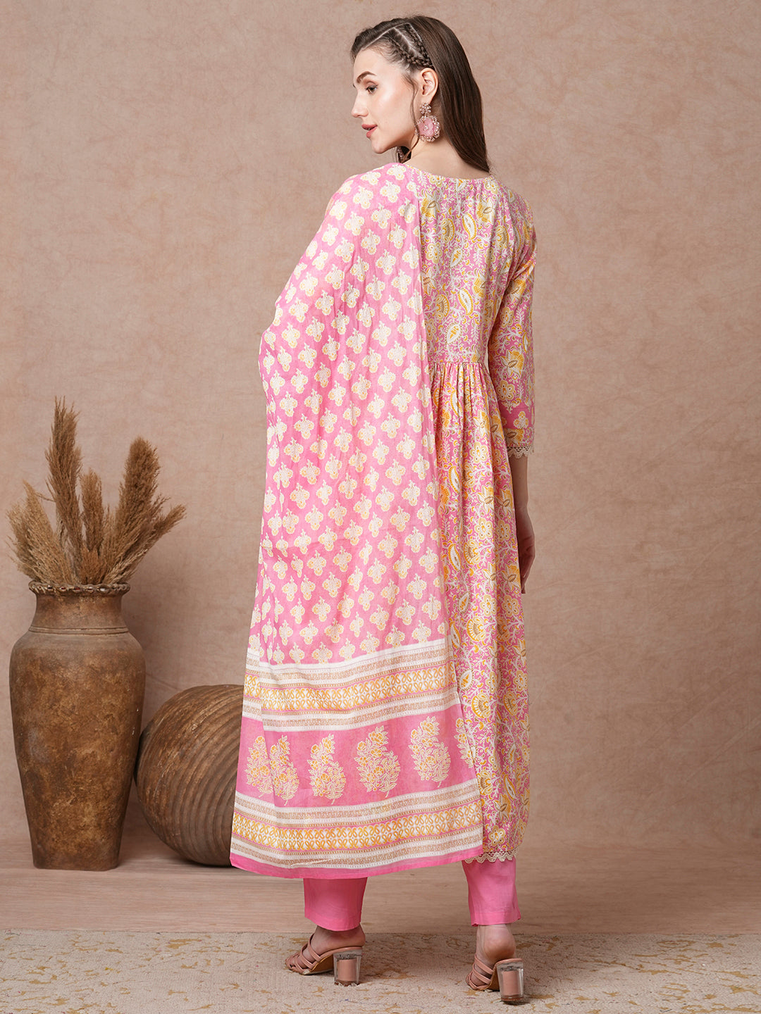 Ethnic Floral Printed A-Line Pleated Kurta with Pant and & Printed Dupatta - Pink