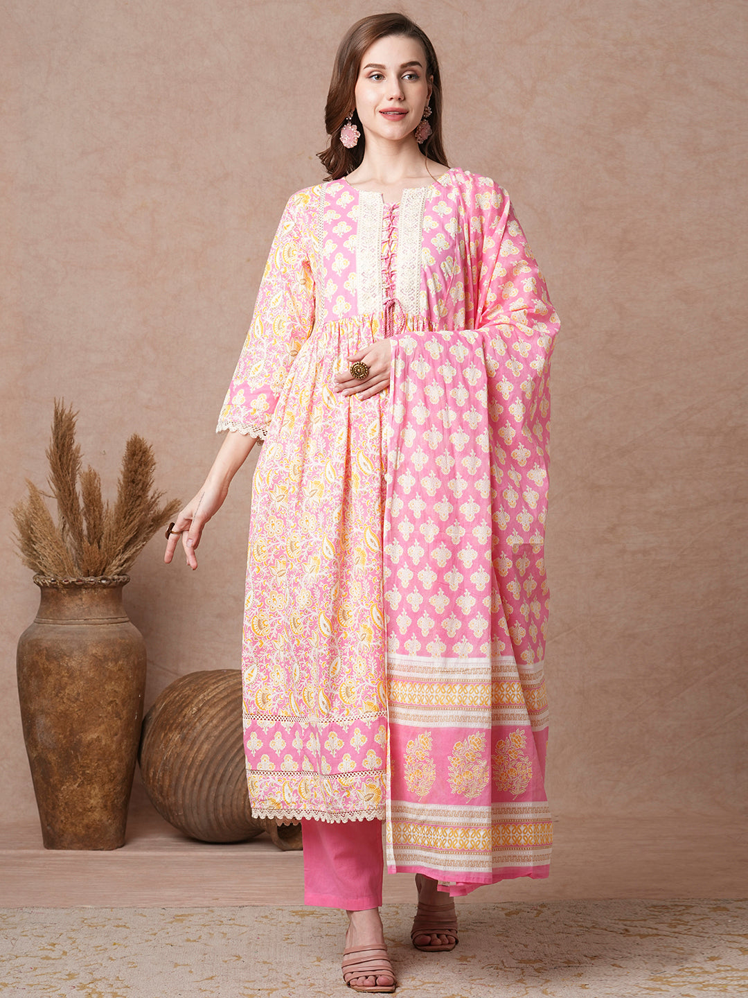 Ethnic Floral Printed A-Line Pleated Kurta with Pant and & Printed Dupatta - Pink