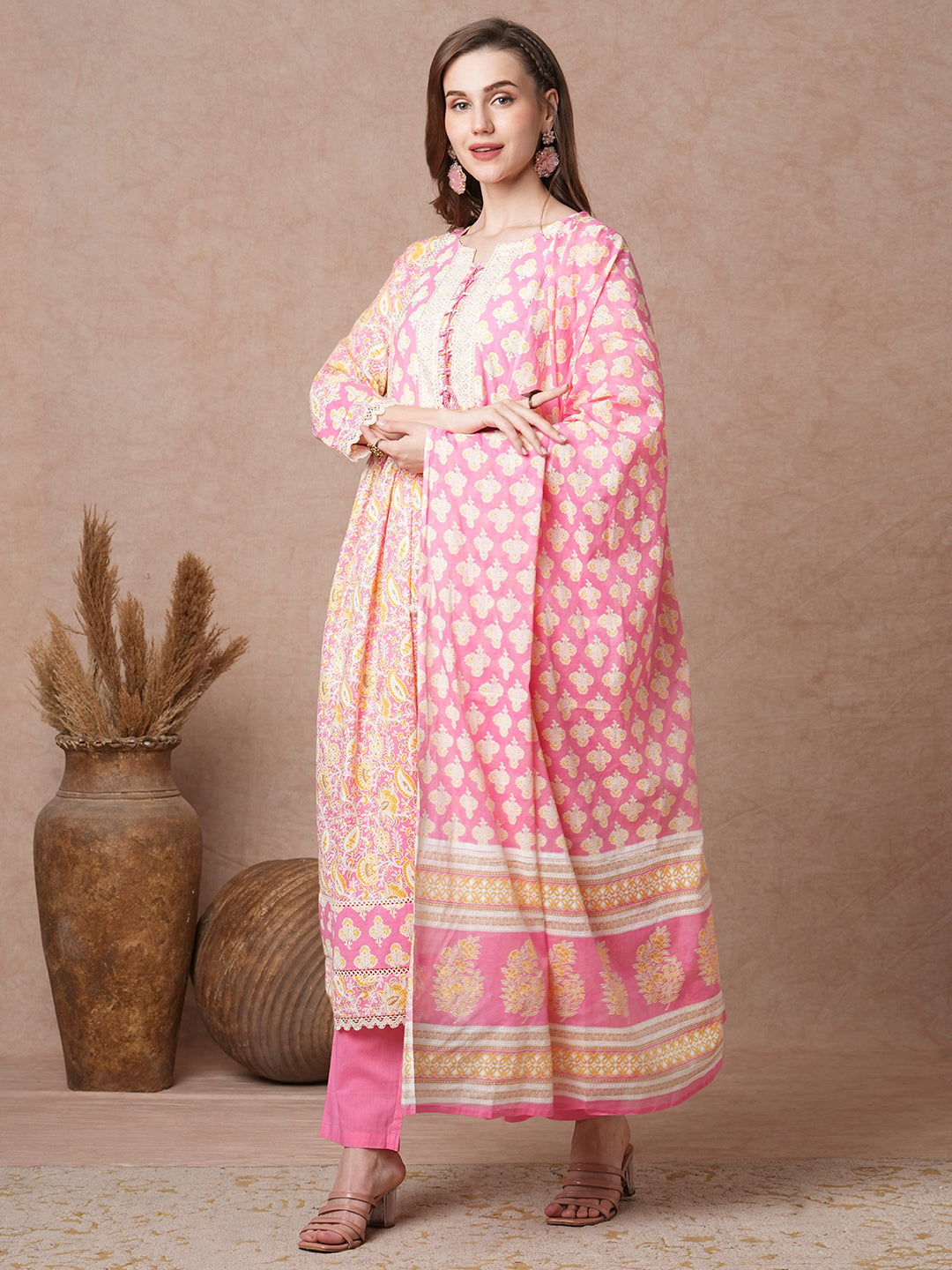 Ethnic Floral Printed A-Line Pleated Kurta with Pant and & Printed Dupatta - Pink