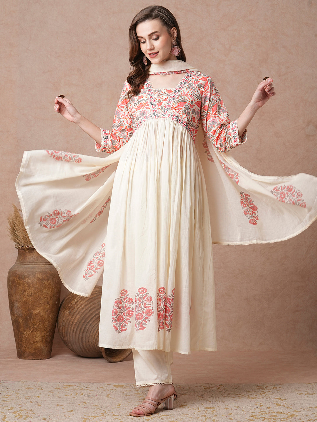 Floral Printed & & Embroidered A-Line Pleated Kurta with Pant & Dupatta - Off White