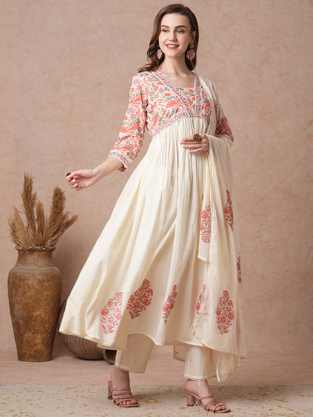 Floral Printed & & Embroidered A-Line Pleated Kurta with Pant & Dupatta - Off White