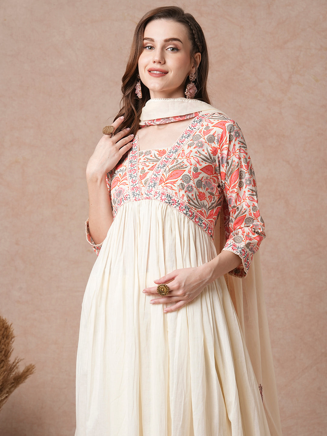 Floral Printed & & Embroidered A-Line Pleated Kurta with Pant & Dupatta - Off White