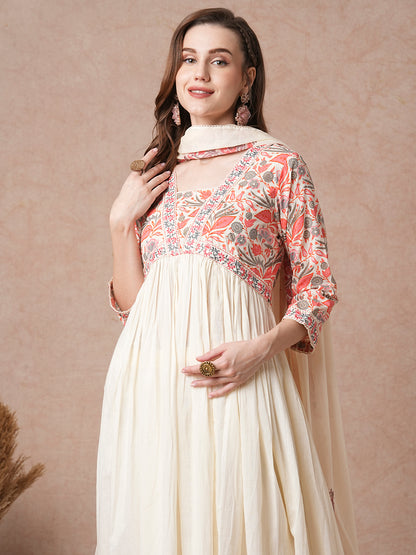 Floral Printed & & Embroidered A-Line Pleated Kurta with Pant & Dupatta - Off White