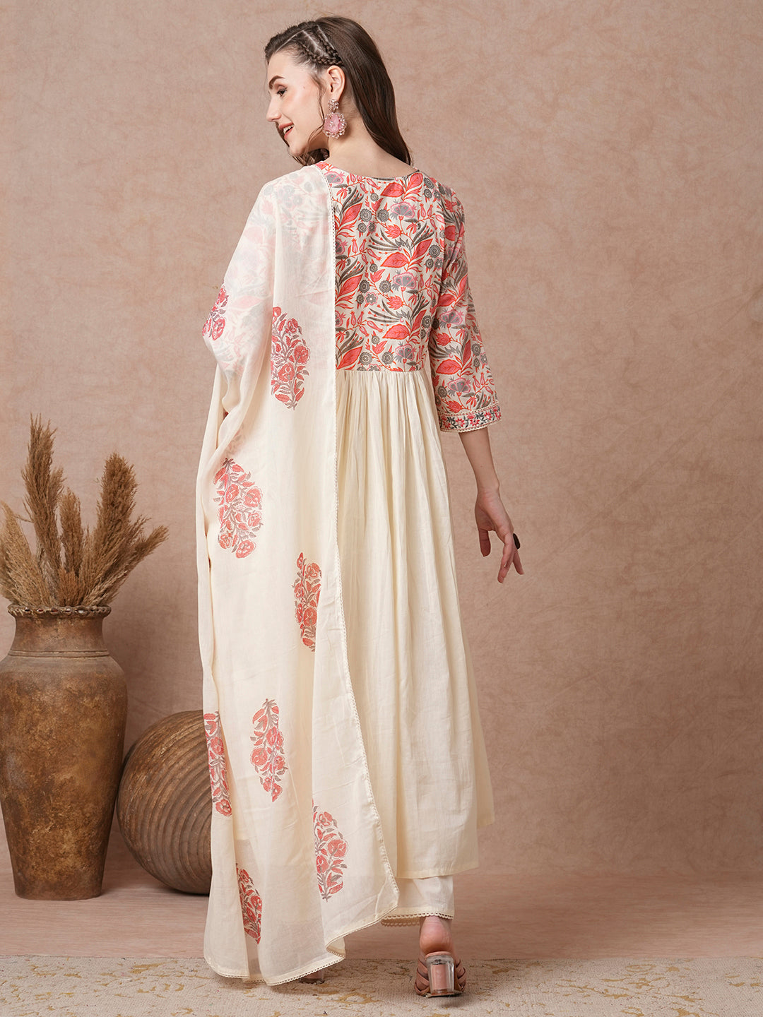 Floral Printed & & Embroidered A-Line Pleated Kurta with Pant & Dupatta - Off White