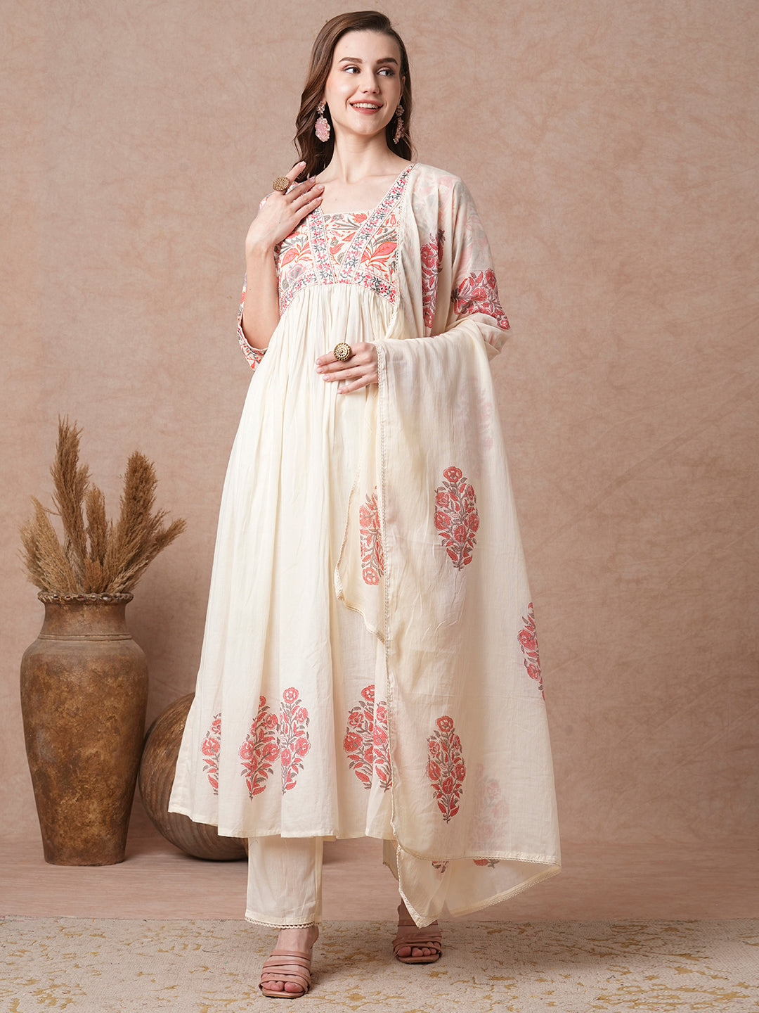 Floral Printed & & Embroidered A-Line Pleated Kurta with Pant & Dupatta - Off White