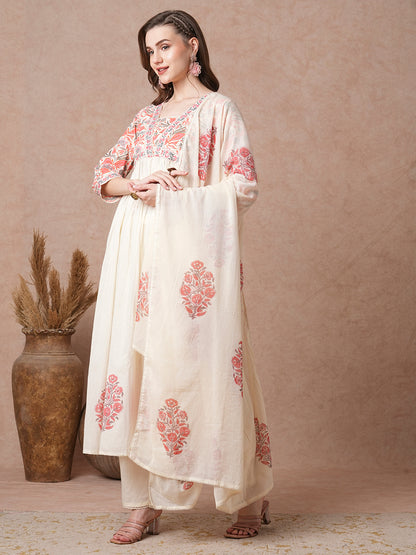 Floral Printed & & Embroidered A-Line Pleated Kurta with Pant & Dupatta - Off White