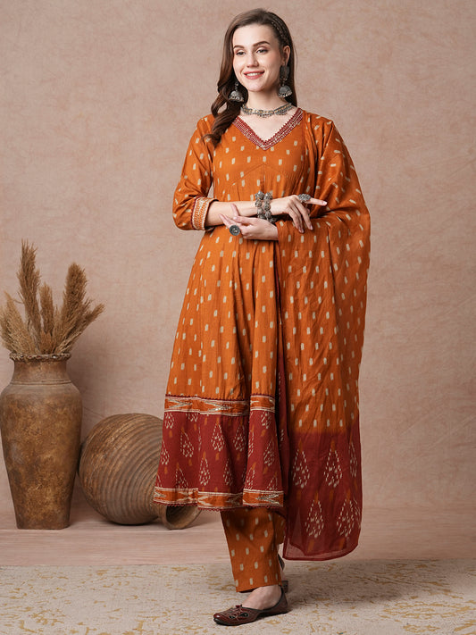 Ethnic Printed Anarkali Flared Kurta with Pant and Dupatta - Mustard