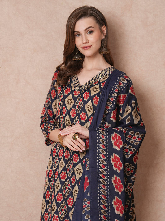 Ethnic Printed & Embroidered Straight Fit Kurta with Pant and Dupatta - Blue