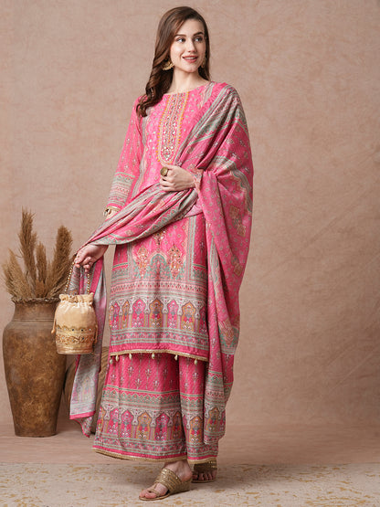 Ethnic Printed & Embroidered Straight Kurta with Flared Palazzo & Dupatta - Pink