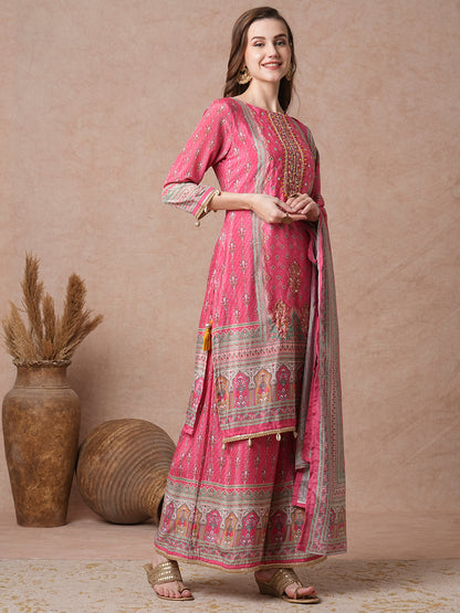 Ethnic Printed & Embroidered Straight Kurta with Flared Palazzo & Dupatta - Pink