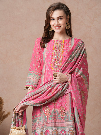 Ethnic Printed & Embroidered Straight Kurta with Flared Palazzo & Dupatta - Pink