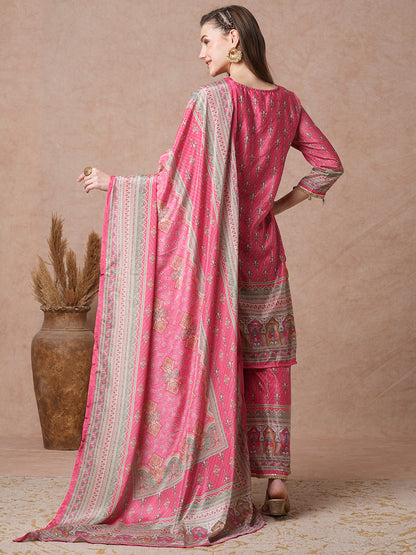 Ethnic Printed & Embroidered Straight Kurta with Flared Palazzo & Dupatta - Pink