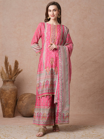 Ethnic Printed & Embroidered Straight Kurta with Flared Palazzo & Dupatta - Pink