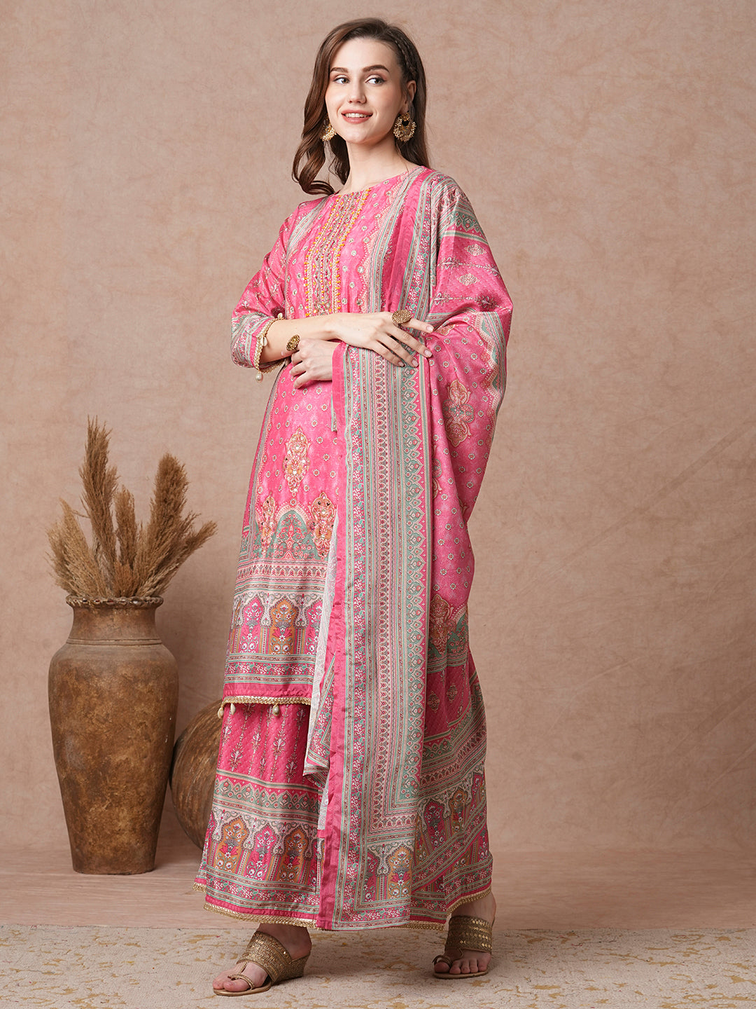 Ethnic Printed & Embroidered Straight Kurta with Flared Palazzo & Dupatta - Pink