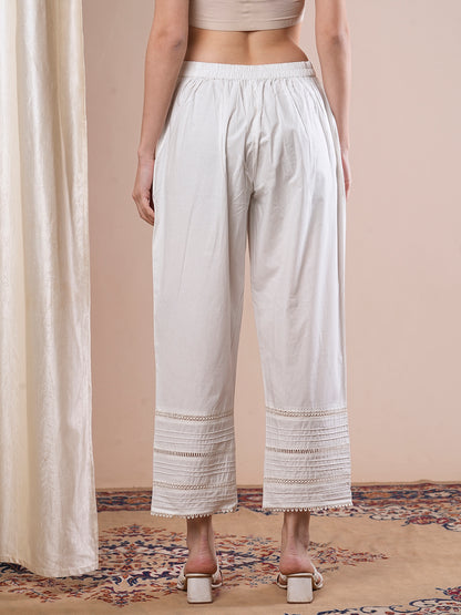 Solid Crochet Lace Patched Straight Fit Pant- White