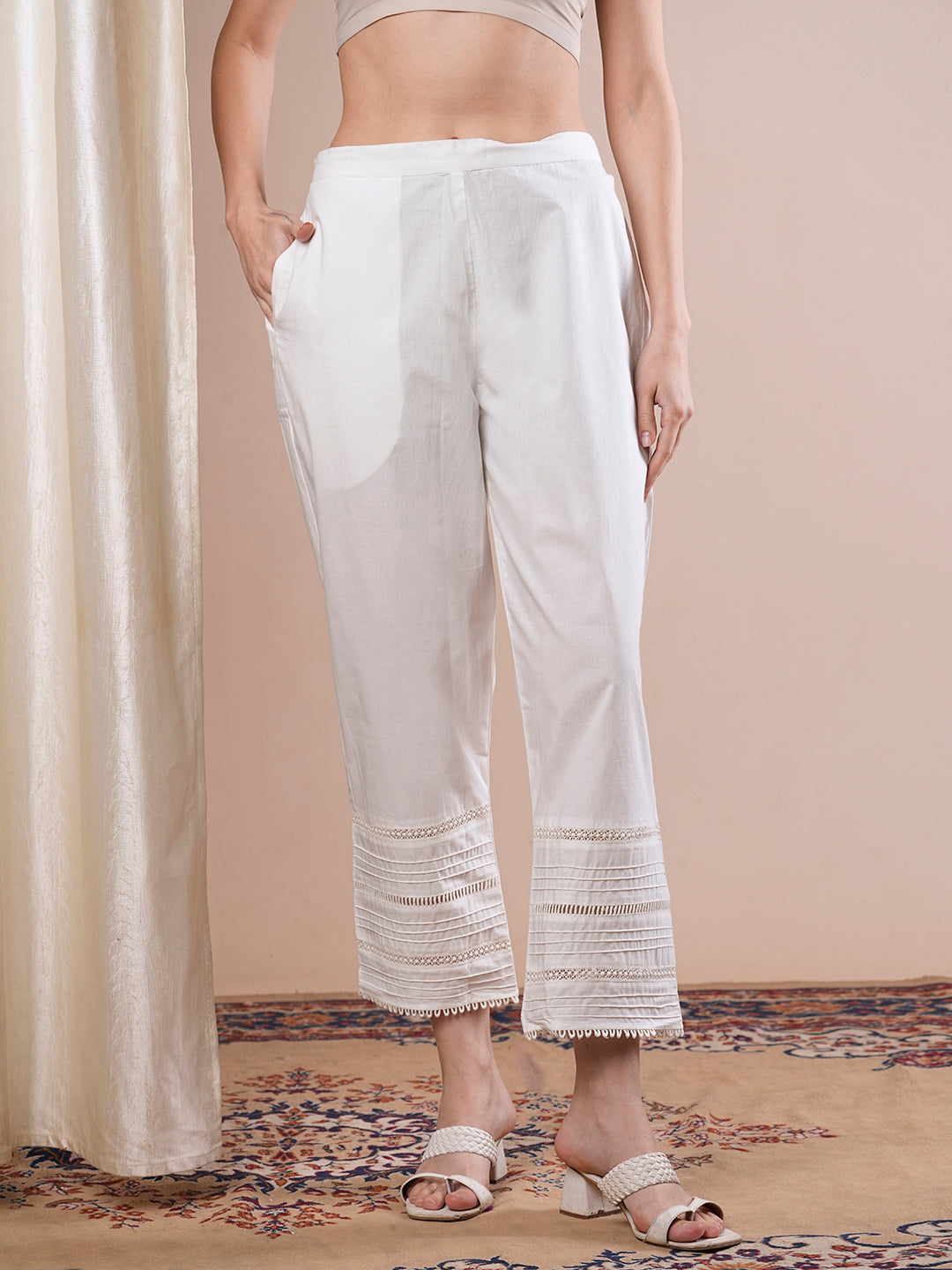 Solid Crochet Lace Patched Straight Fit Pant- White