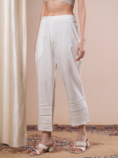 Solid Crochet Lace Patched Straight Fit Pant- White