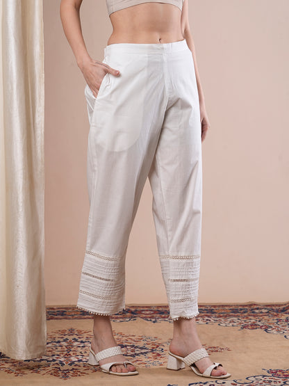 Solid Crochet Lace Patched Straight Fit Pant- White