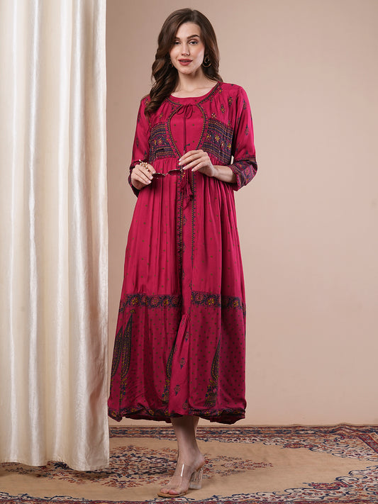 Ethnic Printed Embroidered A-Line Pleated Maxi Dress with Embroidered Jacket - Pink