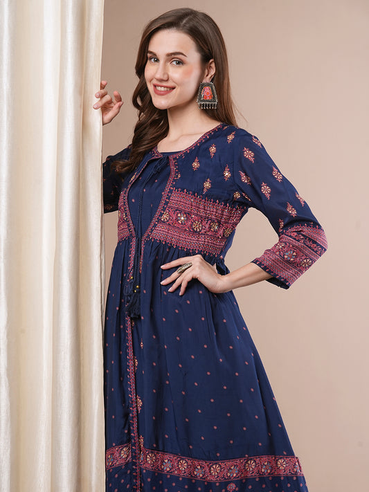 Ethnic Printed Embroidered A-Line Pleated Maxi Dress with Embroidered Jacket - Blue