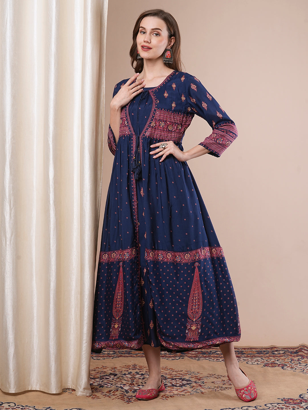 Ethnic Printed Embroidered A-Line Pleated Maxi Dress with