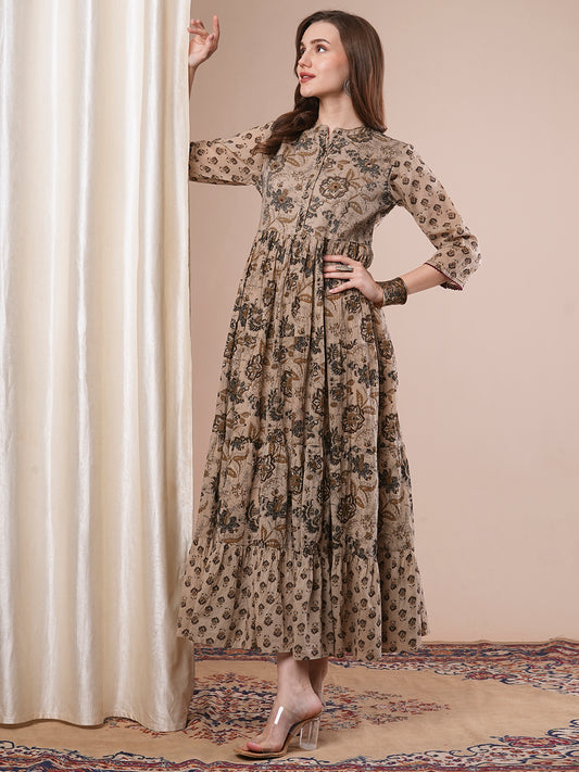 Ethnic Floral Printed Embroidered A-Line Pleated Tiered Maxi Dress - Light Brown