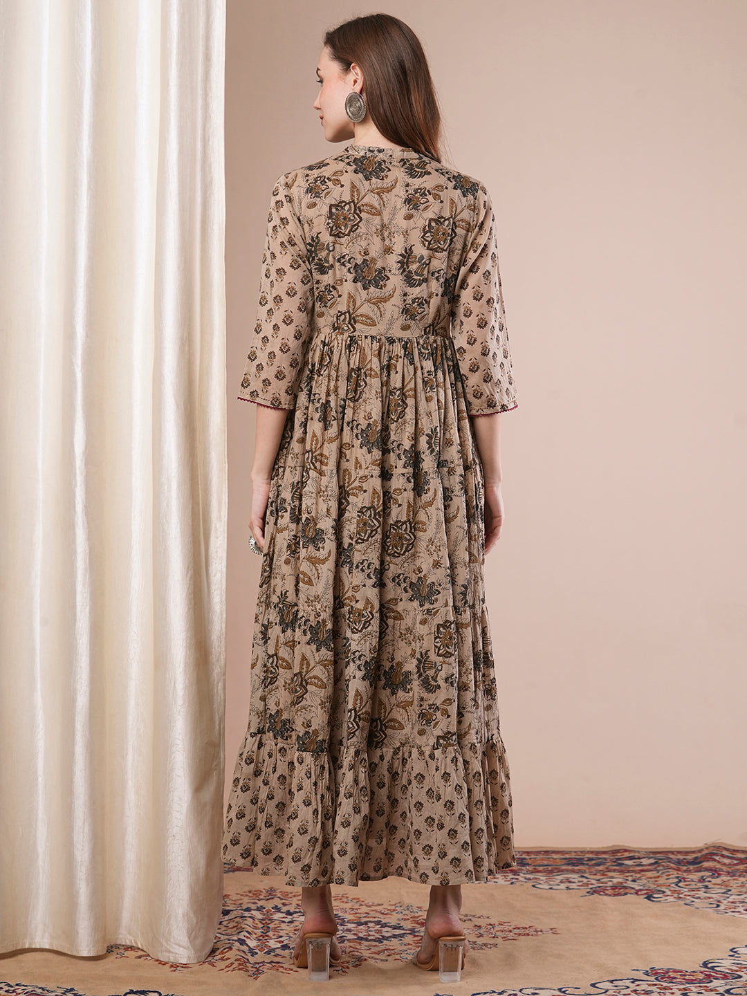 Ethnic Floral Printed Embroidered A-Line Pleated Tiered Maxi Dress - Light Brown