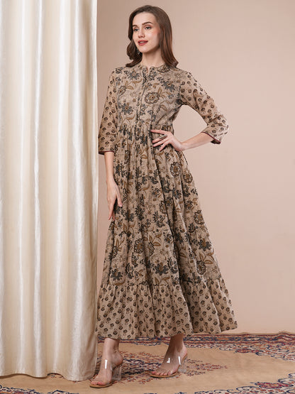 Ethnic Floral Printed Embroidered A-Line Pleated Tiered Maxi Dress - Light Brown