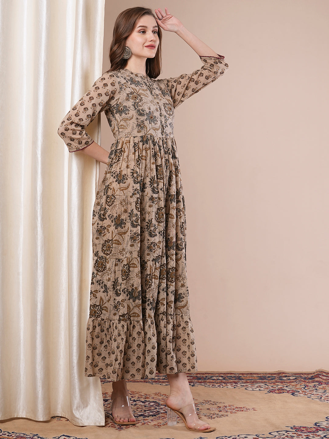 Ethnic Floral Printed Embroidered A-Line Pleated Tiered Maxi Dress - Light Brown