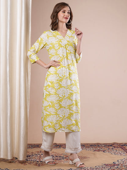 Abstract Floral Printed Straight Fit Kurta - Light Green