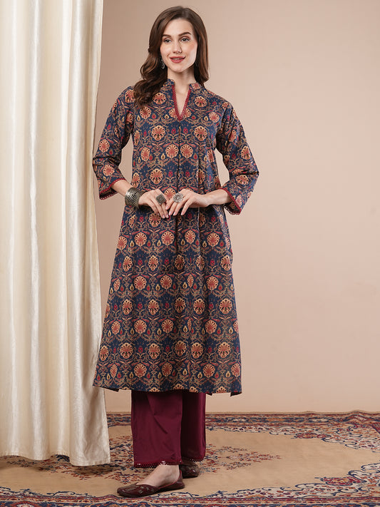 Ethnic Floral Printed A-Line Kurta - Blue