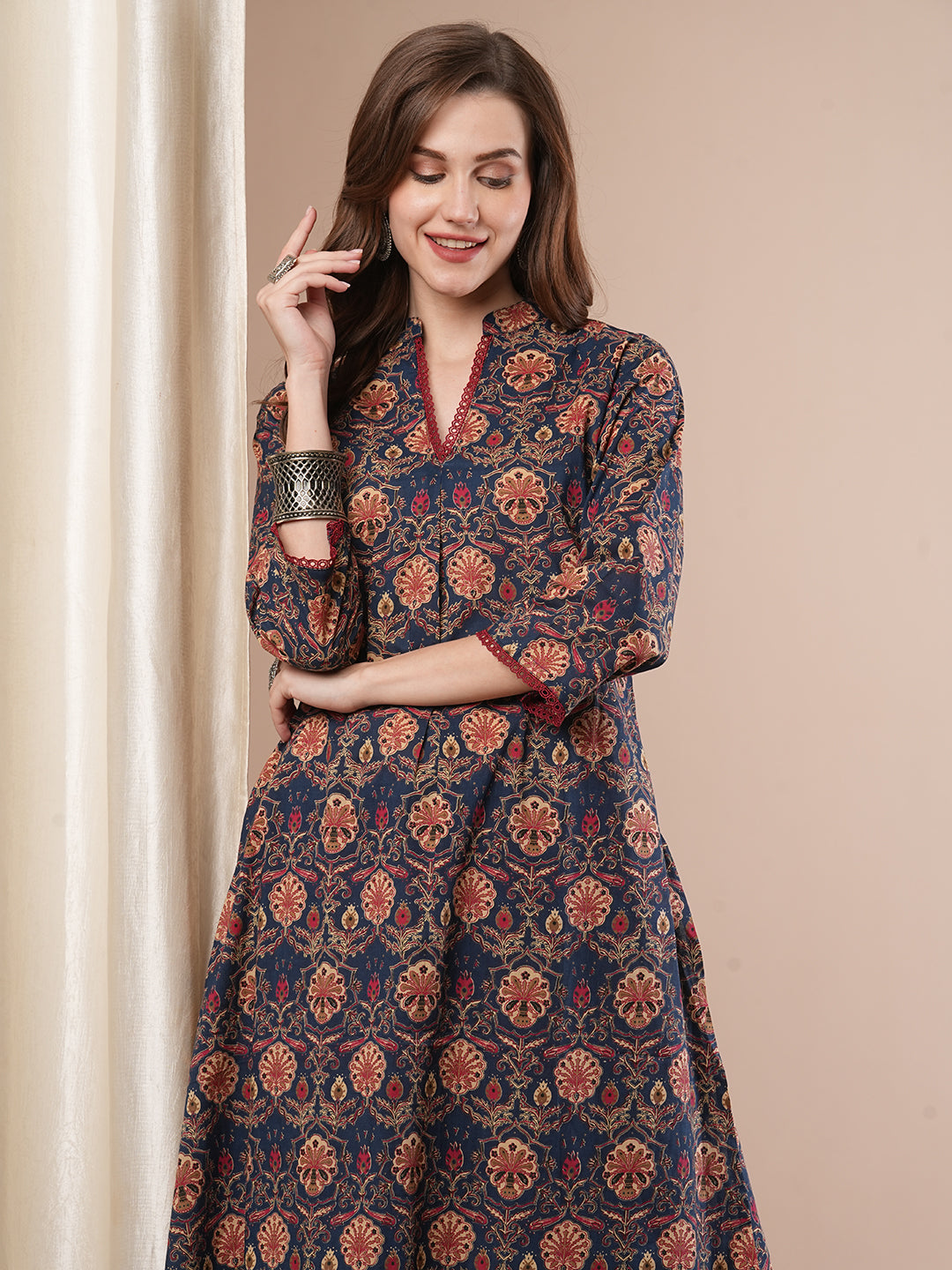 Ethnic Floral Printed A-Line Kurta - Blue