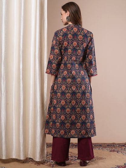 Ethnic Floral Printed A-Line Kurta - Blue