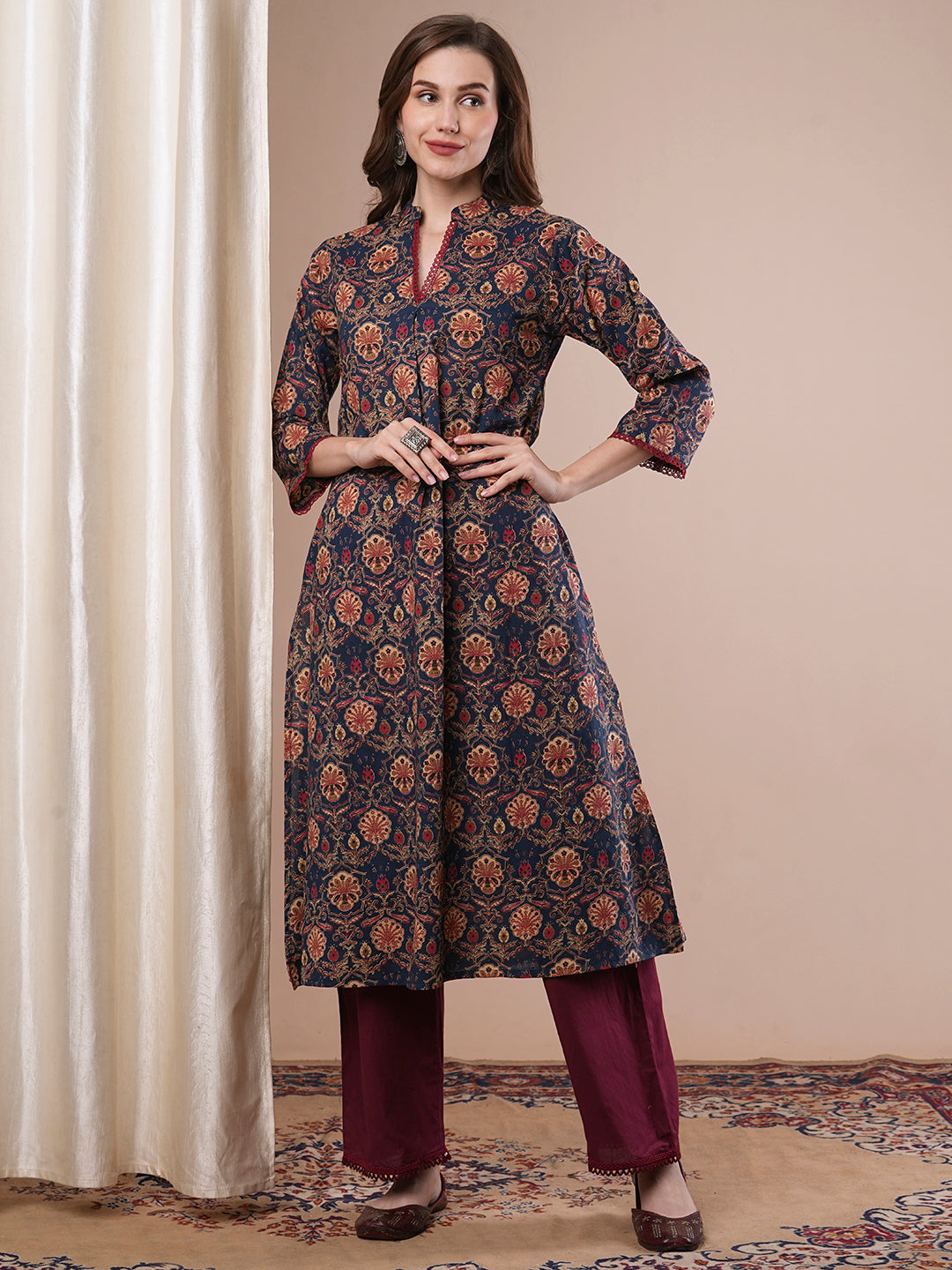 Ethnic Floral Printed A-Line Kurta - Blue