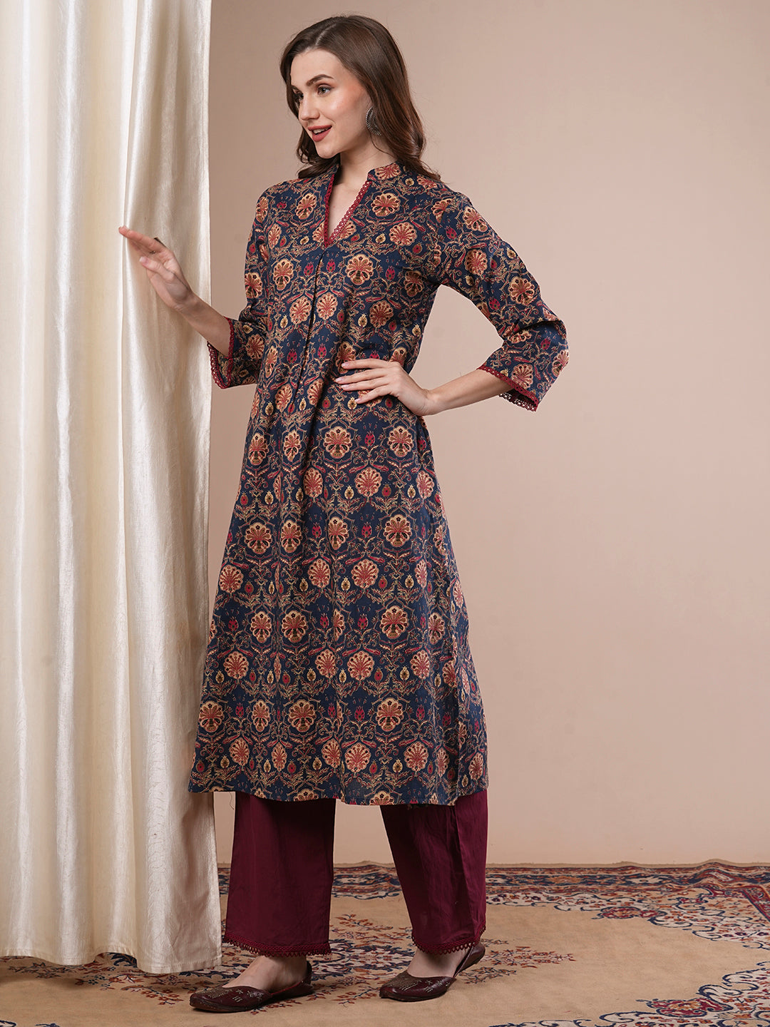 Ethnic Floral Printed A-Line Kurta - Blue